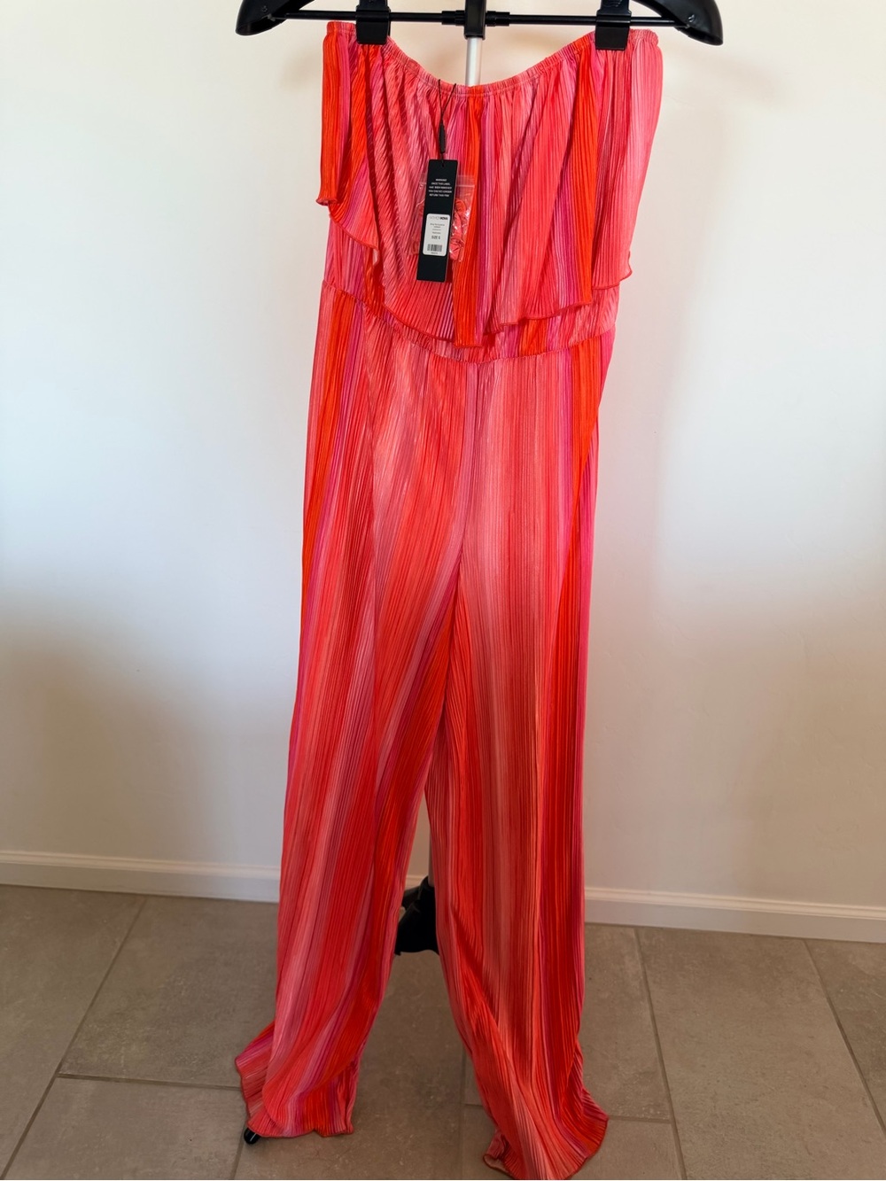 Fashion Nova Strapless Pink and Red Wide-Leg Jumpsuit